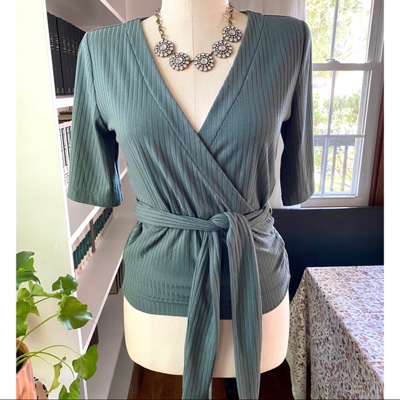 Loft Ribbed Wrap Top in Green - Picture 3 of 7